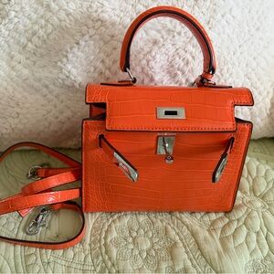 Orange Crocodile-Embossed Handbag